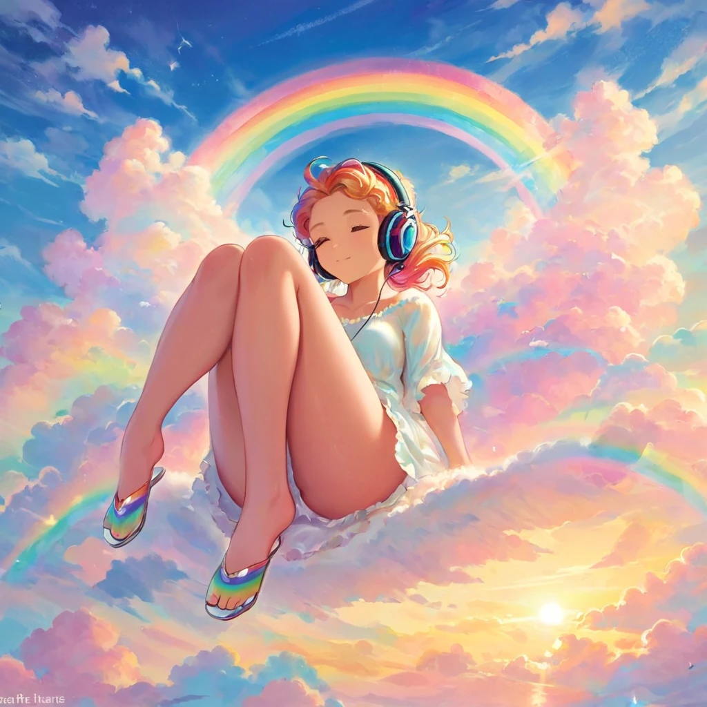 A stunningly ethereal woman, wearing headphones, composed of a dazzling array of rainbow hues, reclines gracefully at the end of a radiant rainbow amidst the fluffy clouds in the sky. Bathed in dynamic and enchanting lighting, accentuates her vibrant, full-bodied form. Fantasy art. Masterpiece 