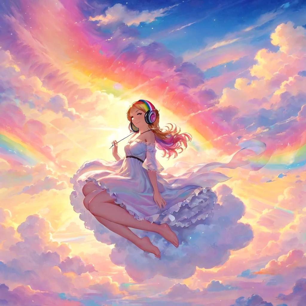 A stunningly ethereal woman, wearing headphones, composed of a dazzling array of rainbow hues, reclines gracefully at the end of a radiant rainbow amidst the fluffy clouds in the sky. Bathed in dynamic and enchanting lighting, accentuates her vibrant, full-bodied form. Fantasy art. Masterpiece 