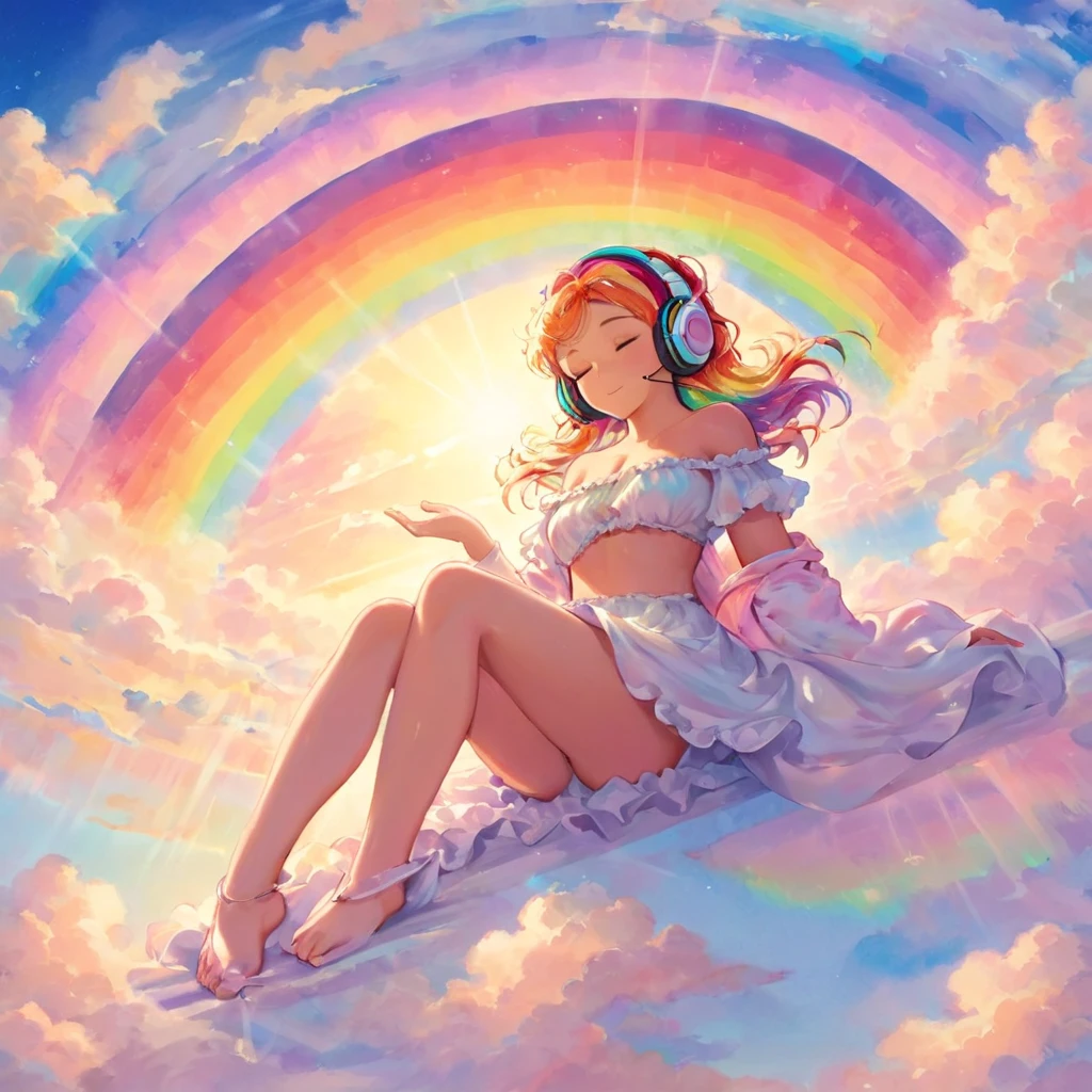 A stunningly ethereal woman, wearing headphones, composed of a dazzling array of rainbow hues, reclines gracefully at the end of a radiant rainbow amidst the fluffy clouds in the sky. Bathed in dynamic and enchanting lighting, accentuates her vibrant, full-bodied form. Fantasy art. Masterpiece 