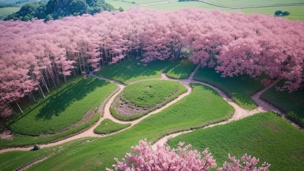 Pink vegetation,Overlook from above,Big scene, best quality. 8K Ultra HD