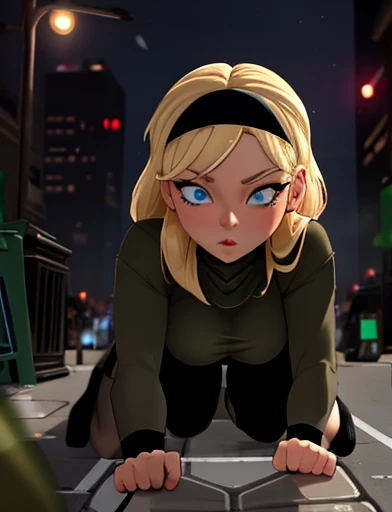 (masterpiece,best quality,absurdres,beautiful,aesthetic,detailed),cinematic angle, (Detailed face:1.2), (Detailed eyes:1.2), 1girl, solo (Gwen Stacy:1.1), curvy, bottom heavy,platinum blonde hair, bright blue eyes, ((Wearing: Black headband, olive green sweater, black leggings, black heels)), she is outside on New York streets, crowds of people on the surroundings, busy atmosphere, cinematic lighting, detailed background, she tries to crawl into a manhole but she is tightly stuck in the manhole by the hips, waiting for spider man to save her
