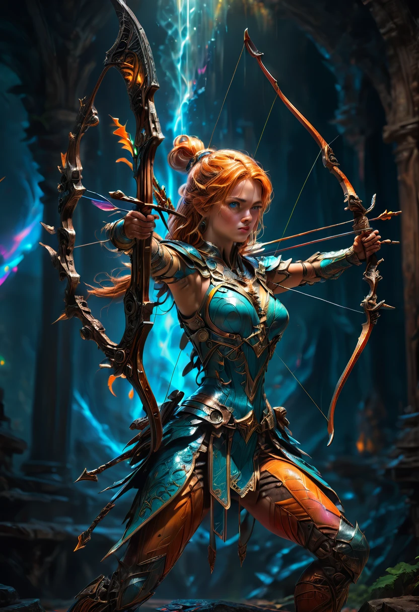 Archer, bow and arrow, Archery pose, full body, by Bob Eggleton, dramatic composition, cinematic dynamic action scene, vibrant colors, cinematic lighting, dramatic lighting, best quality, masterpiece, very aesthetic, perfect composition, intricate details, ultra-detailed