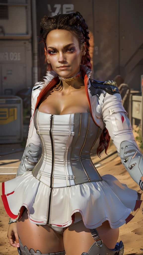 masutepiece, Loba Apex Legends, Best Quality, 1girl in, Upper body, (look at viewr:1.4), TOKYOcity、Street、A smile、loba cassic suits,