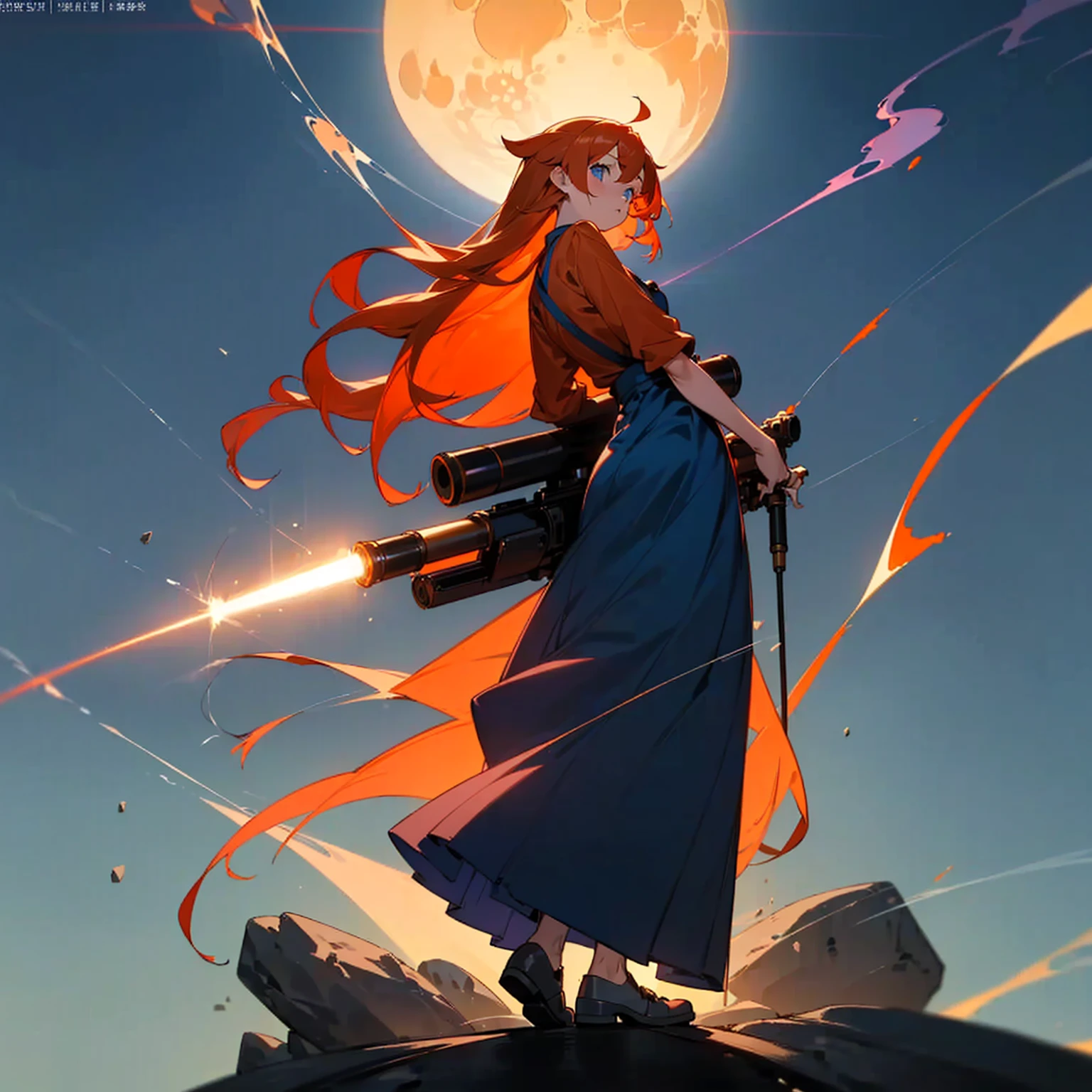 Full body version), (1girl, Western baby, red cheeks, blue eyes, orange hair coloring, long shaggy hair, long white shirt, blue long skirt), ((bazooka behind his back)), (full body girl, sophisticated, laser, lighting), ((Grassroots background, moon, Light silhouettes, smoke, explosions, rock pebbles))