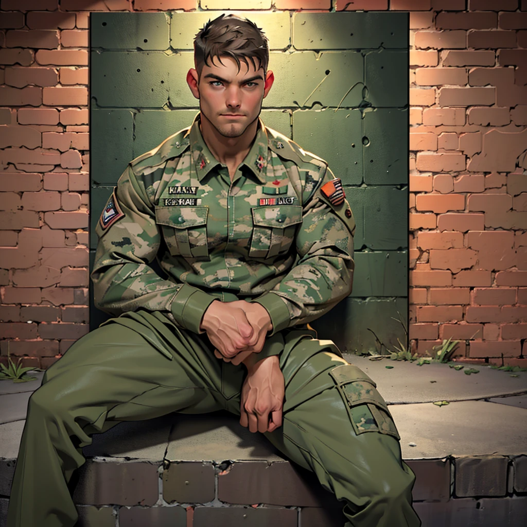 32k, high quality , detailed face , detailed hands , detailed muscles , stephen amell standing on his feet and  posing  as a military man wearing camouflage suit ,standing with((( spread legs))), showing his muscles and bulge , ((background brick wall with lot of army posters ))