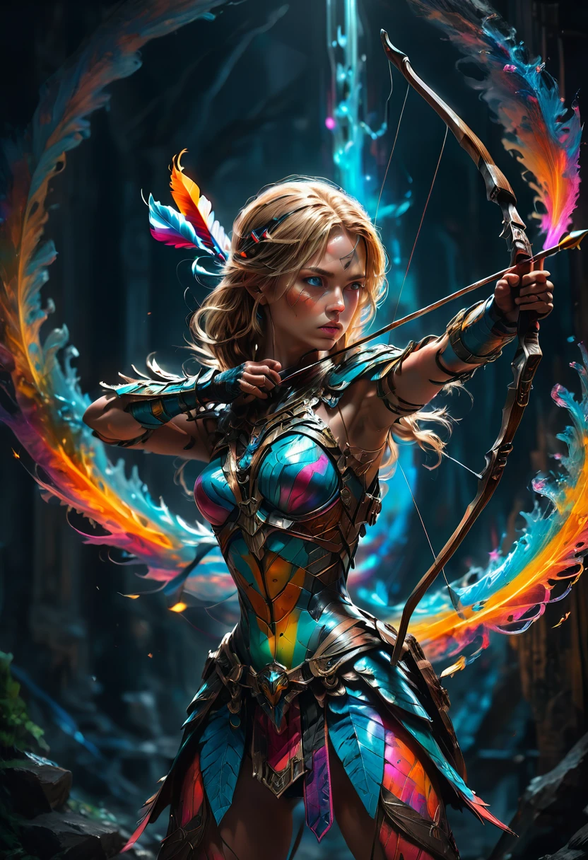 Archer, bow and arrow, Archery pose, full body, by Aleksi Briclot, dramatic composition, cinematic dynamic action scene, vibrant colors, cinematic lighting, dramatic lighting, best quality, masterpiece, very aesthetic, perfect composition, intricate details, ultra-detailed