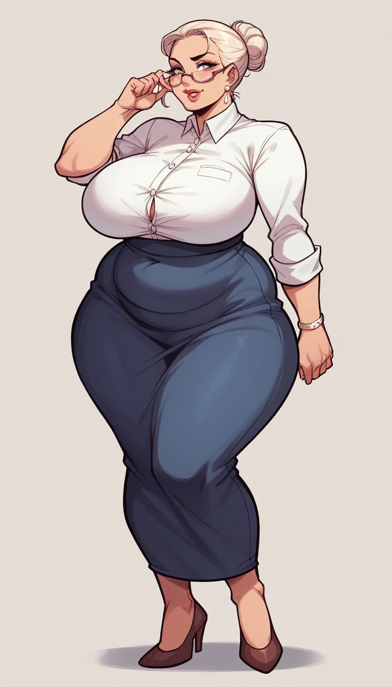 character with ultra large breasts, full body, wide hips, very big fat body, very fat, very big fat body, the girl is dressed in secretary clothes, she has narrow glasses, her breasts are incredibly large with a size of 2 meters, pink, very unusual kraochny clothing