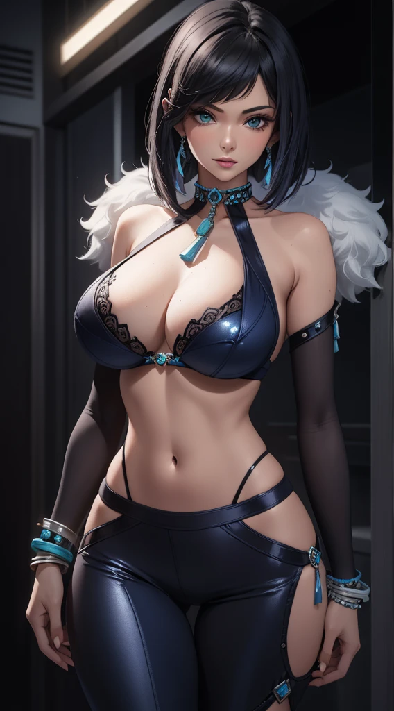 Best quality, masterpiece, realistic, Beautiful sexy cool tall, slim, fit woman, wearing sexy short fancy silver-blue sequin bikini  top and black tight pants, midriff, intricate and highly detailed, big breasts, deep cleavage, bob black hair, body chain, jewelry.