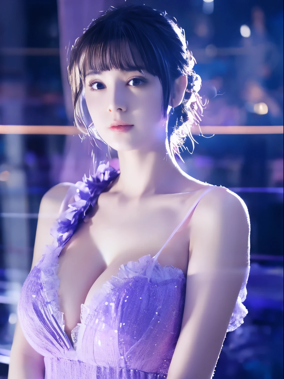anime girl in a Violet dress with gigantic breasts, Digital composite of highlighted neck of a man with neck pain at home. Photo with copy space. Hyper realistic photo --no frame border, vignette --ar 4:5 --style raw