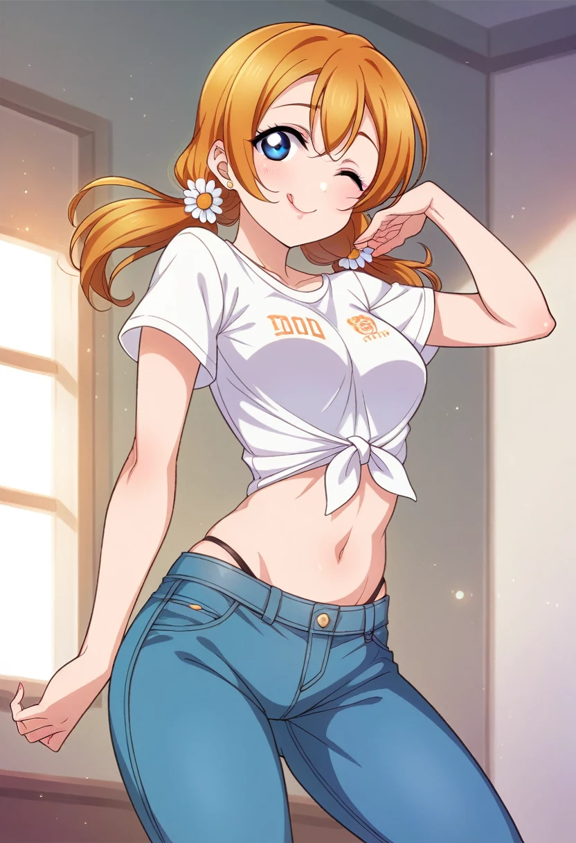 Honoka kousaka love live, cowboy shot, blue eyes, orange hair,hair flower, solo, soccer t-shirt, midriff, high leg pants, front tie, stylish bright jeans pants, perfect eyes, Perfect iris，Perfect skin，Soft front light，indoors；（pastel colour:1.2),(lipstick:0.8) ,wink, standing, mommy,low twintails, curvy thicc body , Long hair 