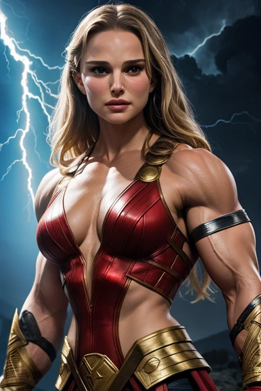 Natalie Portman as The Mighty Thor, female bodybuilder physique, bodybuilder veins, highly detailed hands and fingers, arms crossed, rippling muscles, covered with lightning