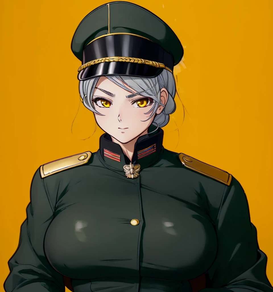 (1girl:1.3), (exceptional, best aesthetic, new, newest, best quality, anime, waifu:1.2), master piece, best quality, ultra detailed, absurdres, highres, colored, good anatomy, grey hair, woman breast, sexy, kaki color military uniform, kaki color kepi peak cap, insignia, medals, ribbons