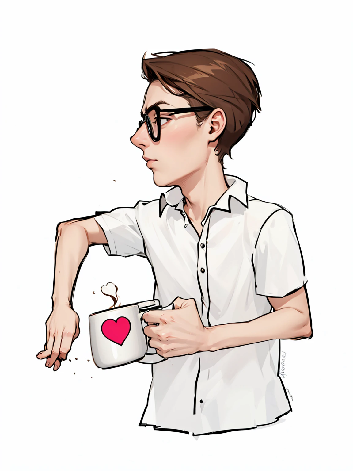 skinny 19 year old boy sitting in his hand holding a large mug of coffee with a heart with a worried face wearing a nerdy short-sleeved formal shirt