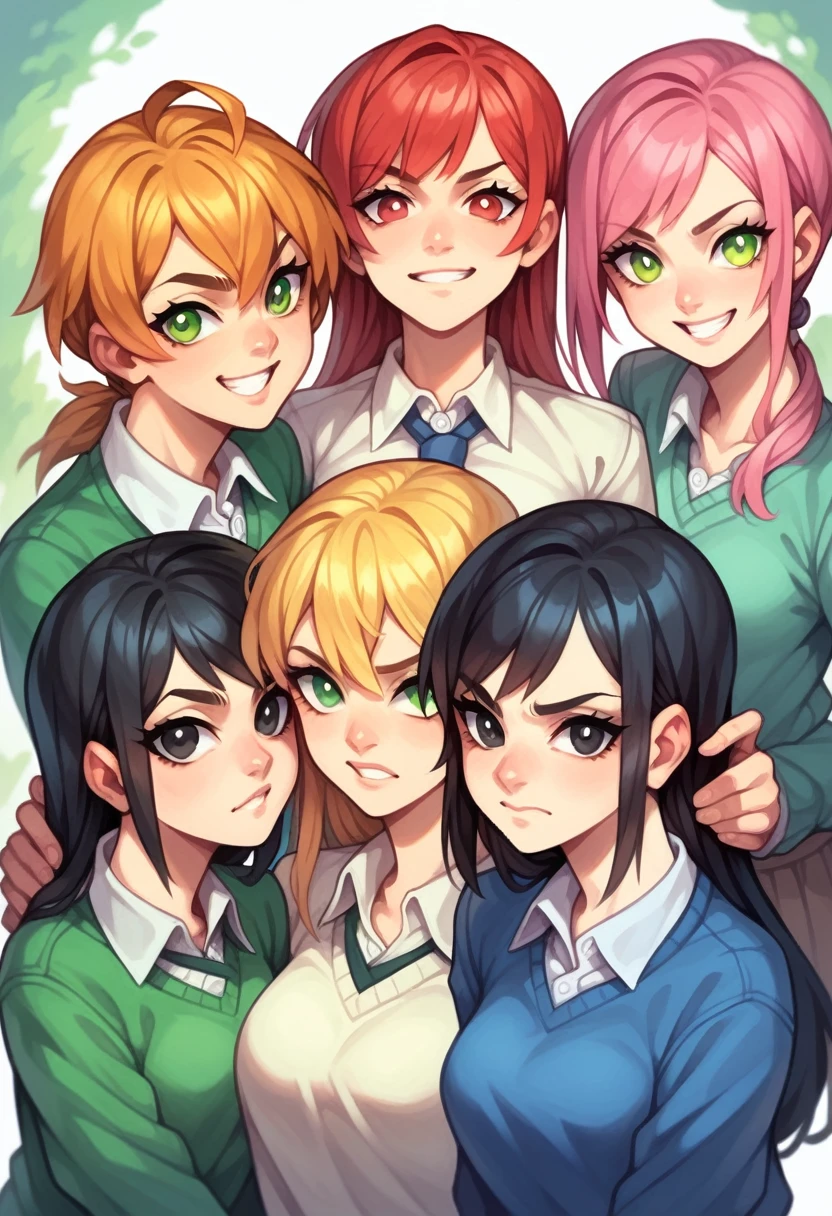 4 girls, one serious, another smiling and another happy 1 has black hair and black eyes 2 has short pink hair, green eyes and the other side is yellow, calm 3 beautiful girl with light eyes and golden hair 4 a girl who smiles, red hair color with blue and red eyes school clothes (anime) 18 years (Masterpiece)