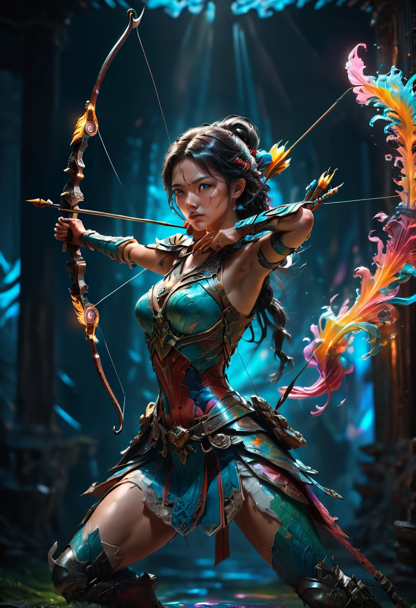 Archer, bow and arrow, Archery pose, full body, by Bruce Zheng, dramatic composition, cinematic dynamic action scene, vibrant colors, cinematic lighting, dramatic lighting, best quality, masterpiece, very aesthetic, perfect composition, intricate details, ultra-detailed