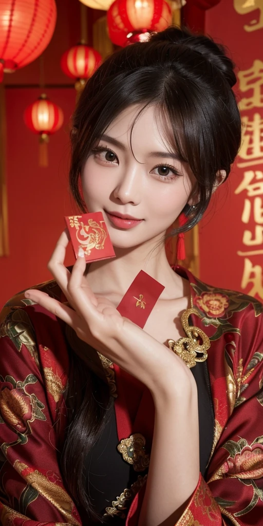 (best quality, 8K, 32k, masterpiece, Ultra high quality:1.2) "Generate captivating artwork featuring Japanese girl models, Stylish brunette，chic bob hairstyle, Celebrate Chinese New Year with joy. Inject dynamic cinematic lighting into your scene, Create visual impact，Highlight the festive atmosphere. Enrich the composition with bright colors, Traditional Chinese New Year decorations, and elements that evoke feelings of romance and joy. Capture models taking part in traditional New Year celebrations, Maybe exchanging red envelopes or participating in a vibrant dragon dance. Emphasis on the integration of dynamic lighting, Festive atmosphere, and romantic aesthetics create a visually stunning celebration of joy."