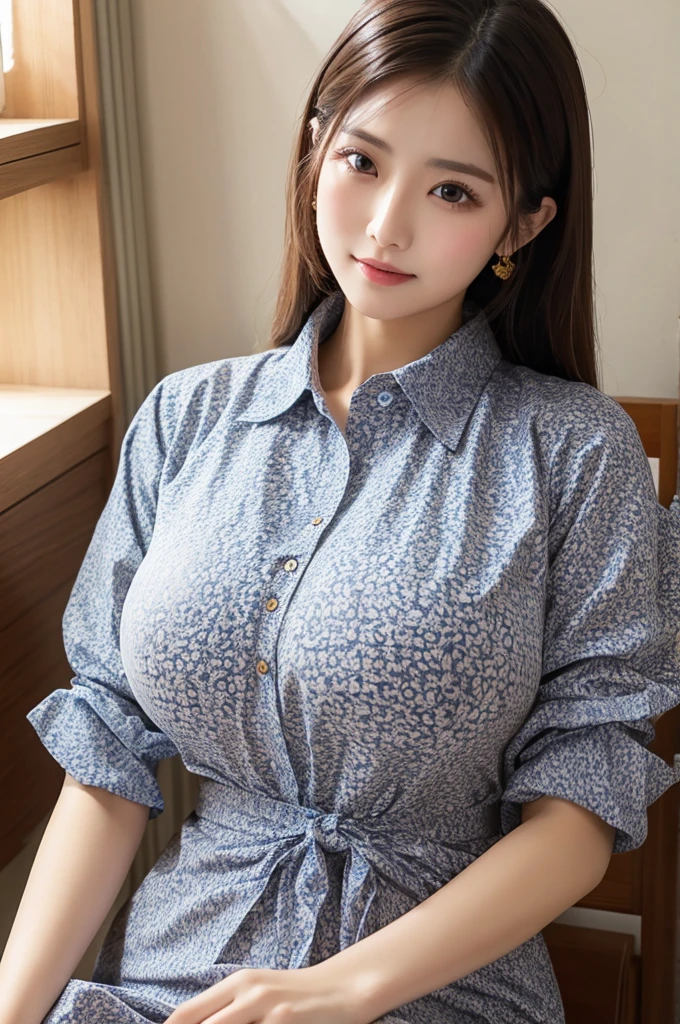 ((Highest quality))、Beauty、Big Breasts、Fully open patterned shirt、