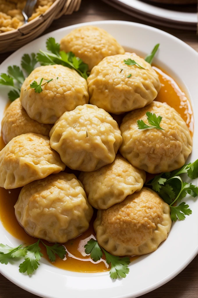 Draw an image that captures the irresistible combination of cassava dumplings and dried meat. The dumplings must be crispy on the outside and soft on the inside., with a golden hue delicately contrasting with the shredded and juicy dried meat. The filling must show texture and flavor, with juicy pieces of dried meat wrapped in creamy cassava puree, enhanced by a touch of green seasoning. Lighting should highlight inviting details and provoke both the desire and curiosity of those who contemplate the work..