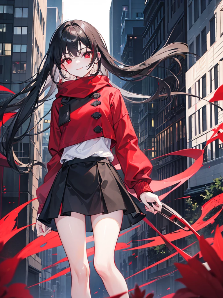 girl, red eyes, long curry wauy black bair. wear green black , short skirt, arrogant, independent woman, kind smile. background in town. winter