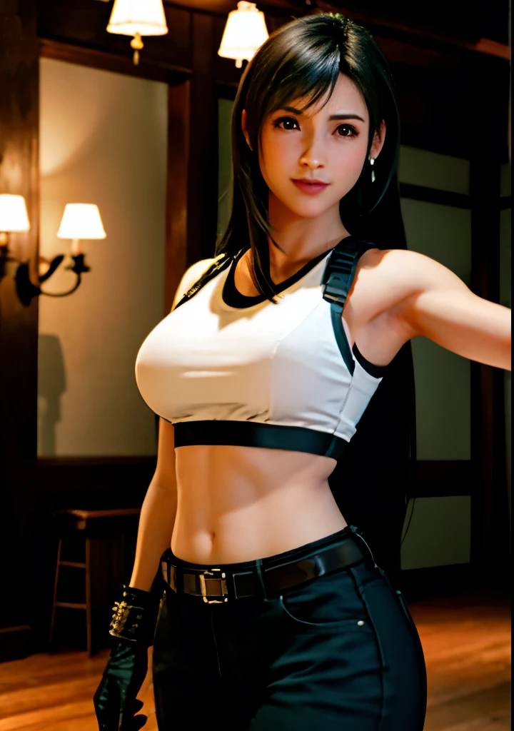 (Realistically:1.4),quality,Very delicate and beautiful,high resolution,1 Girl,Tifa_Lockhart,Smile,Cowboy lens,Horse harness,Low Rise,,Vest,Tension shirt runway color hair,White hair,Wear gloves on elbows,Beautiful and delicate red eye shadow lamp,light,Umbilical cord,High exposure,Abdominal exposure,rib cage,Abdominal muscles,(Huge breasts:1.2),Dynamic poses,Dynamic Angle,Thick armpit hair