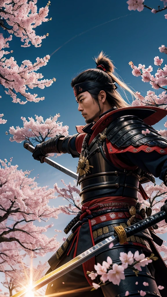 Samurai in Battle: "A samurai in traditional armor, wielding a shining katana. He's in a combat pose, with a Japanese battlefield in the background, full of cherry blossom trees."