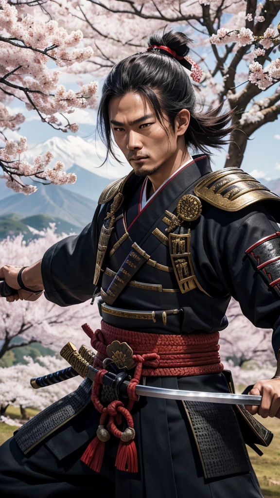 Samurai in Battle: "A samurai in traditional armor, wielding a shining katana. He's in a combat pose, with a Japanese battlefield in the background, full of cherry blossom trees."