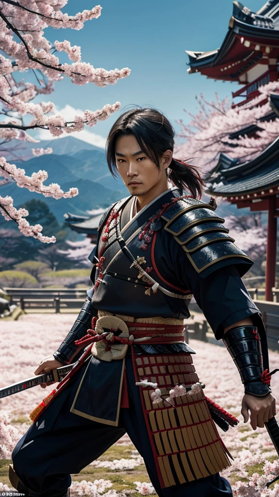 Samurai in Battle: "A samurai in traditional armor, wielding a shining katana. He's in a combat pose, with a Japanese battlefield in the background, full of cherry blossom trees."