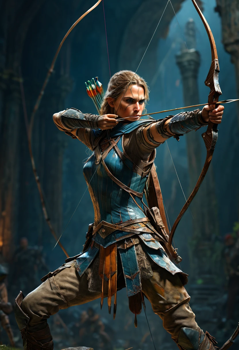 Archer, bow and arrow, Archery pose, full body, by John Blanche, dramatic composition, cinematic dynamic action scene, vibrant colors, cinematic lighting, dramatic lighting, best quality, masterpiece, very aesthetic, perfect composition, intricate details, ultra-detailed