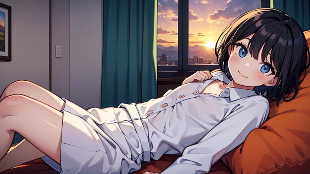 1girl, solo, blue eyes, (detailed eyes), flat chest, short hair, black hair, upper body, gentle smile on her face, wearing a white dress shirt, sitting up straight((masterpiece, illustration, best quality)) A cute girl sits and rubs the head of a little orange-and-white cat., Lying by the window Looking at the sun setting, Children's bedroom, Evening, sunset, mountain, in the city, tree, motor vehicle, The room window has curtains., high contrast, atmosphere