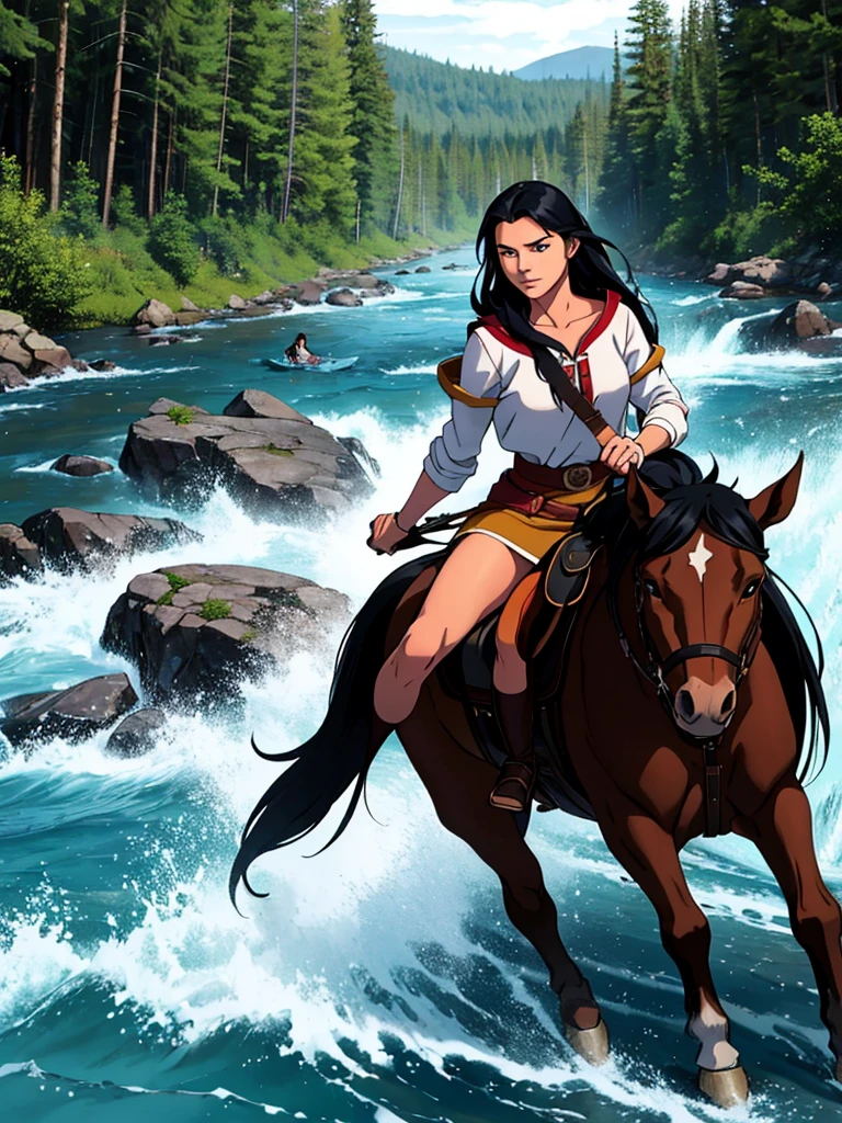 "Sky is a 15-year-old Lakota girl with long black hair and piercing eyes. She is kind-hearted but filled with self-doubt, struggling with the weight of her father's disgrace and the legacy of her family’s horse-taming skills.
riding Spirit navigating through dense forests and fast-flowing rivers. The forest is thick with towering trees and underbrush, and a river with rushing water can be seen. Sky and Spirit are shown in motion, their bond evident as they overcome natural obstacles."