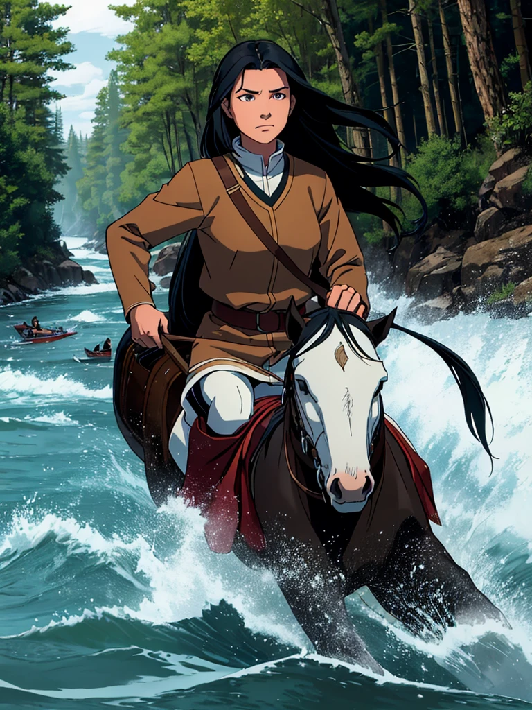 "Sky is a 15-year-old Lakota girl with long black hair and piercing eyes. She is kind-hearted but filled with self-doubt, struggling with the weight of her father's disgrace and the legacy of her family’s horse-taming skills.
riding Spirit navigating through dense forests and fast-flowing rivers. The forest is thick with towering trees and underbrush, and a river with rushing water can be seen. Sky and Spirit are shown in motion, their bond evident as they overcome natural obstacles."