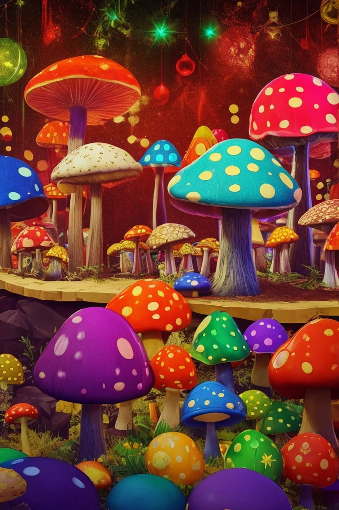 70'S ROCK BAND PLAYING ON AN ENERGYLY STAGE WITH SURREAL COLORFUL MUSHROOM DECORATION