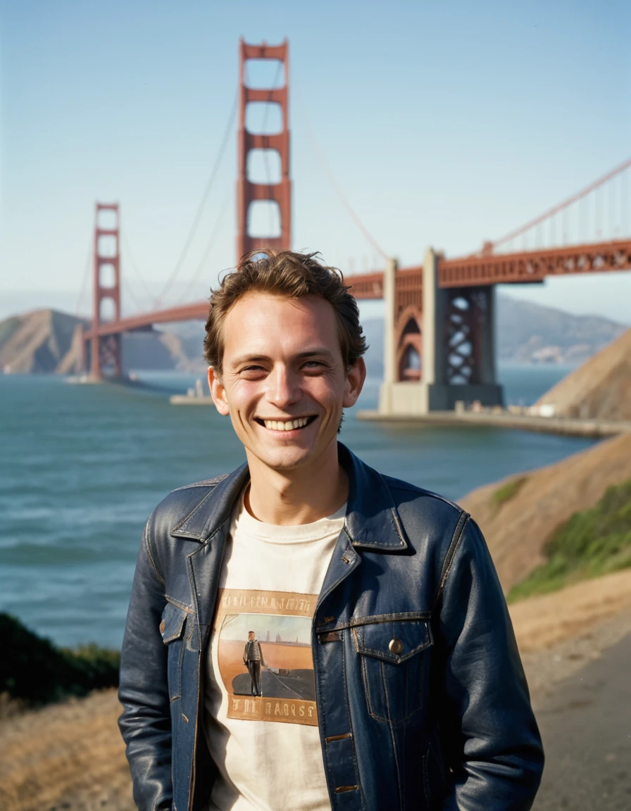 portrait de personne sks, à San Francisco, avec le Golden Gate Bridge en arrière-plan, Veste en cuir et jean skinny, de Henri Cartier-Bresson, composition de personnages épique, Éclairage naturel,
yeux parfaits
(Sourire parfait:0.7)