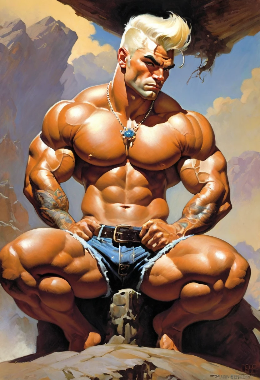 Create a hyper detailed photograph of a tattooed muscular youthful glamorous frank frazetta, Stunningly perfect gorgeous face, perfect makeup, detailed vibrant eyes, platinum blonde dutch hair, big beautiful muscular legs, big beautiful muscular arms, big bac muscles, muscular abs, detailed smooth skin, big , big muscular ass, sl areolas, lesh toned detailed perky nipples, crop tog underwear, assless pants,