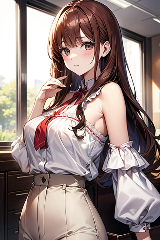 Slender beautiful girl、10th Generation、sleeveless White blouse、Office、OL、off shoulder、White LINE Design、pants style、red brown heir