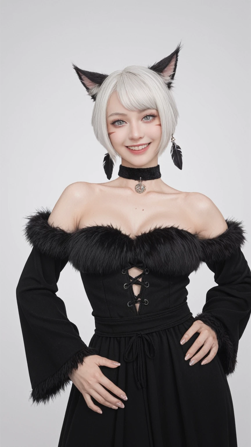 score_9, score_8_up, score_7_up, BREAK,
relaxed pose,realistic,y'shtola rhu,final fantasy xiv,snatched waist, feather hair ornament,fur trim,choker,feathers,jewelry,neck tattoo,black robe,randomboobguy,from below,light smile, 1girl,(y'shtola rhul:1.2),looking at viewer,white hair,cat ears,short hair,miqo'te,grey eyes,cat tail,realistic,high quality,