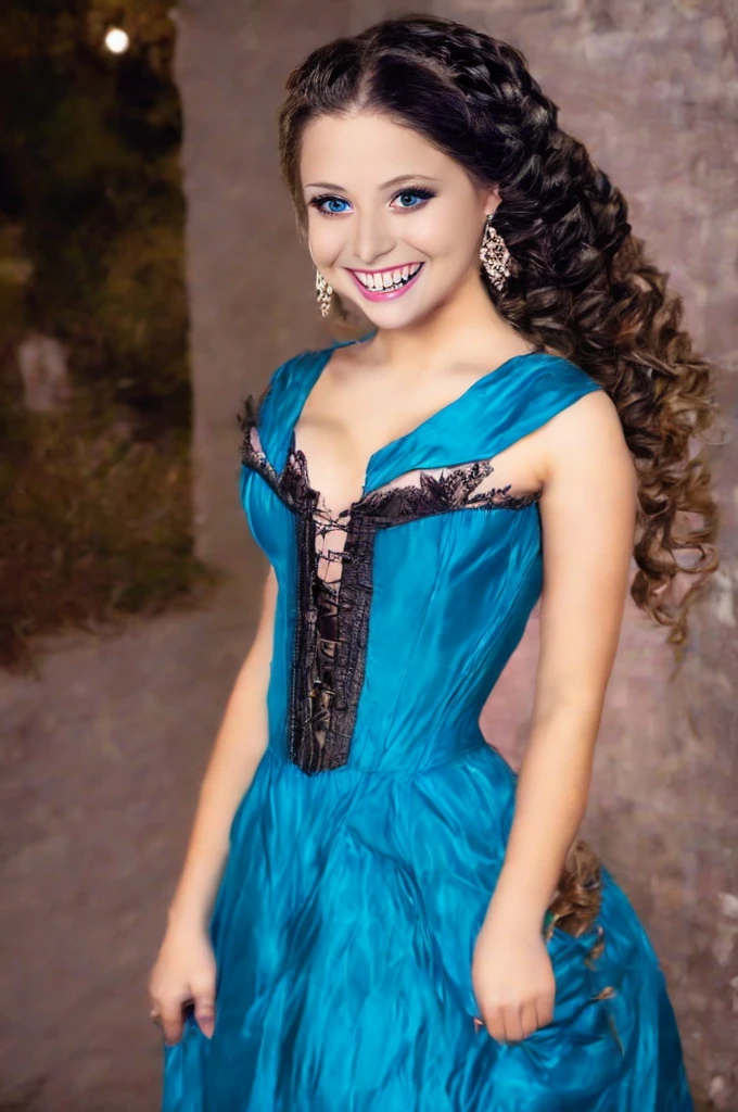 score_9, score_8_up, score_7_up, score_6_up, rating:safe, 1girl, solo, black_hair, wavy_hair, jewelry, dress, blue_eyes, earrings, long_hair, looking_at_viewer, curly_hair, upper_body, lips, lace, blue_dress, (night:1.3), cxqz8r, medieval_dress, medieval_landscape, fullmoon, rpg, evil_smile, vampire, (fangs:1.4), narrow_waist, skinny