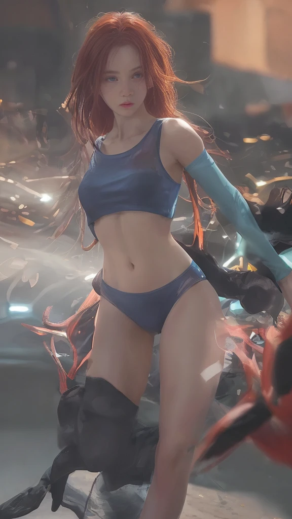 ((Realistic lighting, Best quality, 8K, Masterpiece: 1.3)), Clear focus: 1.2, 1 girl, Perfect Figure: 1.4, Slim Abs: 1.1, See through, tight clothing, ((Red-Haired)), (panties: 1.4), (Blue crop top: 1.4), (Outdoor, Night: 1.1), City streets, Super fine face, Fine eyes, Double eyelids,