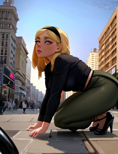 (masterpiece,best quality,absurdres,beautiful,aesthetic,detailed),cinematic angle, (Detailed face:1.2), (Detailed eyes:1.2), 1girl, solo (Gwen Stacy:1.1), curvy, bottom heavy,platinum blonde hair, bright blue eyes, ((Wearing: Black headband, olive green sweater, black leggings, black heels)), she is outside on New York streets, crowds of people on the surroundings, busy atmosphere, cinematic lighting, detailed background, she tries to crawl into a manhole but she is tightly stuck in the manhole by the hips, waiting for spider man to save her