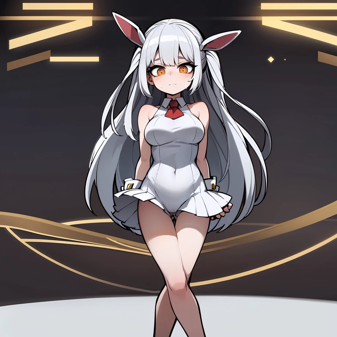 21 year old pretty bunny girl, have a pretty face, wear a bunny girl cosplay, >, she's sweating all over her body, pretty thin and long legs, medium big size breast, white medium hair, masterpiece, colorful, no glitches on image, >, 16k quality, best quality, no override on image, super detail background and shadows, advanced detail quality.