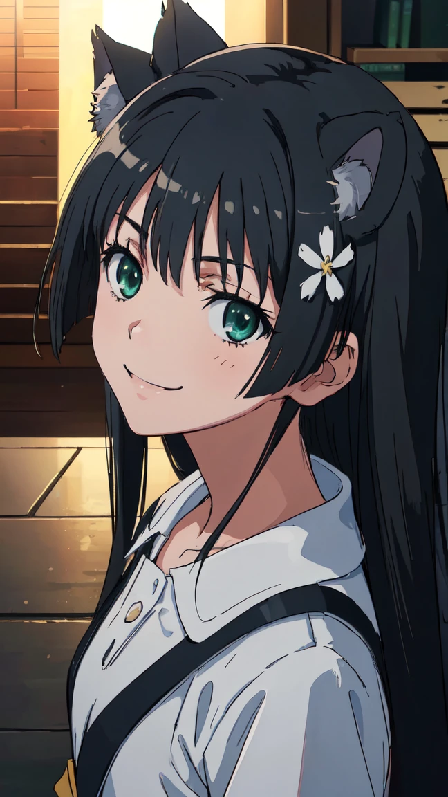 (High resolution:1.4), (masutepiece:1.2), (High quality:1.3) 1girl, saten ruiko, green eyes, long hair, black hair, small breast, dangerousbeast, wolf tail, cinematic lighting, pov, smile