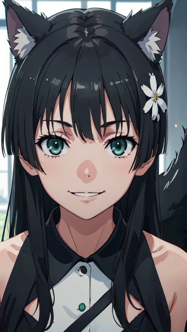 (High resolution:1.4), (masutepiece:1.2), (High quality:1.3) 1girl, saten ruiko, green eyes, long hair, black hair, small breast, dangerousbeast, wolf tail, cinematic lighting, pov, smile