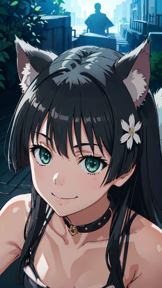 (High resolution:1.4), (masutepiece:1.2), (High quality:1.3) 1girl, saten ruiko, green eyes, long hair, black hair, small breast, dangerousbeast, wolf tail, cinematic lighting, pov, smile