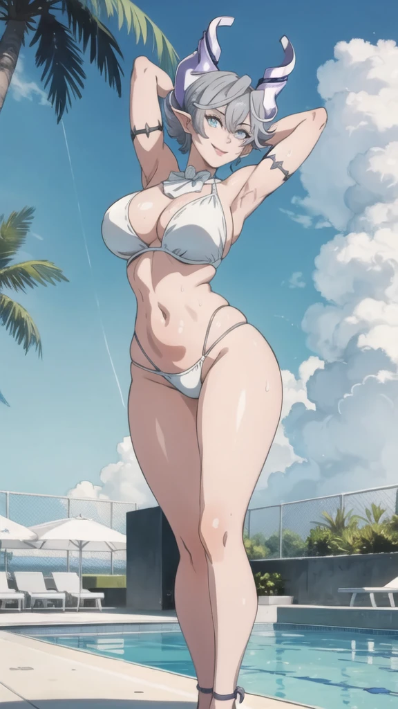 High level image quality best image quality 8K adult woman pool party rain palm trees more colors whole body view portrait bikini horn ears short hair((shortcut)(gray hair)(perm)(fluffy)) eye color is blue , , attractive evil face , smile , sexy pose , labrynth , arms behind head , barearm , hips up down , legs split standing by the pool , wet hair , view foot arc