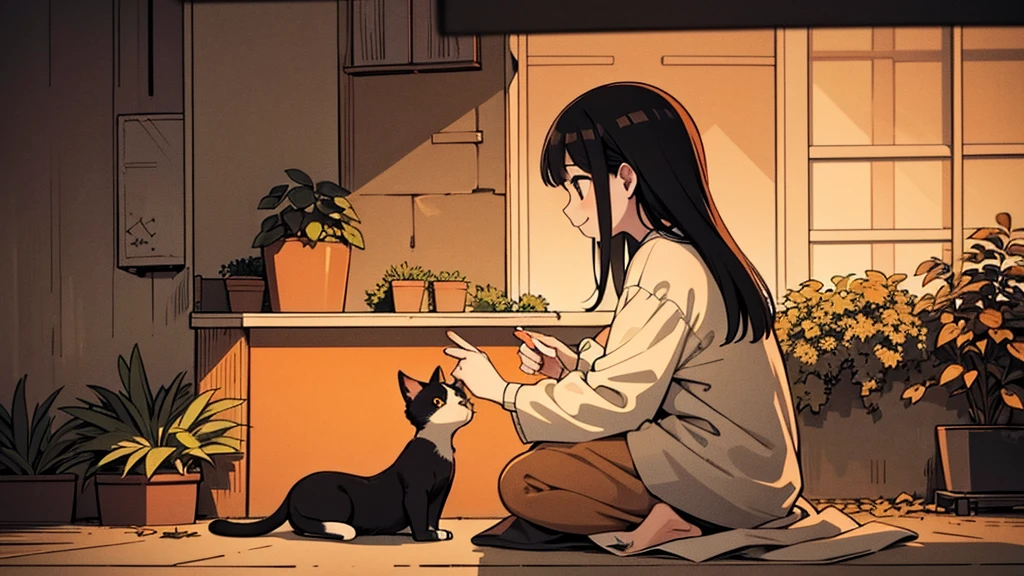 mono tone of black and orange illustration of a happy lady sitting side by side with her beloved cat enjoying the beautiful scene of sunset in the home garden, back facing camera, contrast lighting, 60% human and cat 40% background, positive vibes,