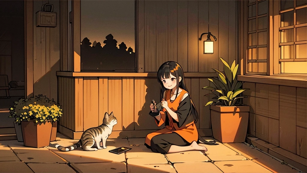 mono tone of black and orange illustration of a happy lady sitting side by side with her beloved cat enjoying the beautiful scene of sunset in the home garden, back facing camera, contrast lighting, 60% human and cat 40% background, positive vibes,