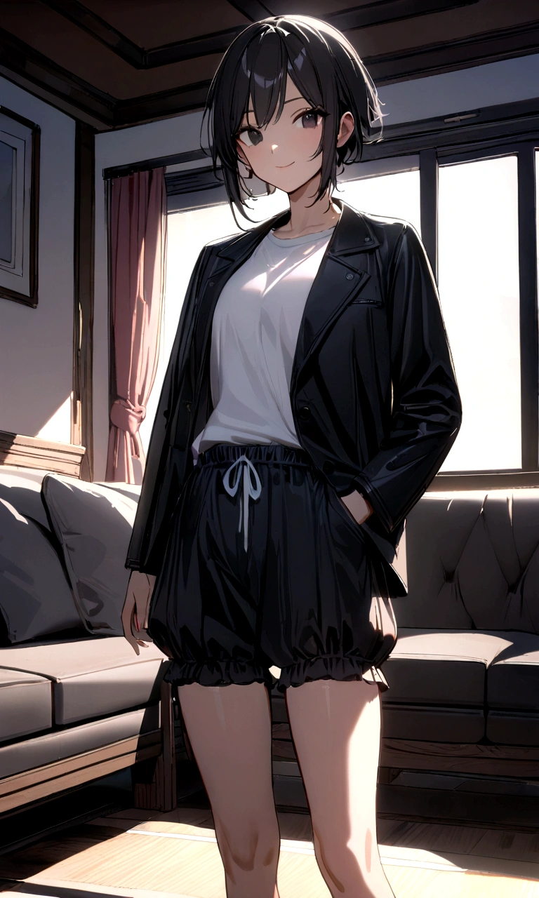 1 girl, tomboy, slim, beautiful, tall, attractive, ((short black hair))((black hair)), ((black eyes)), ((Girl wears: ((white shirt)), ((black jacket)), ((black bloomer)))), ((living room)), looking at viewer, smiling warmly, hands in pocket, 8k, masterpiece, ray tracing