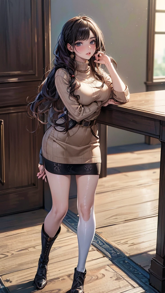 (best quality)), ((masterpiece)), (detailed), (perfect cute face),Turkish girl , long curly brown hair, green eyes, ultra huge , perfect sexy body, wearing white uniform, no pants, full body highlights, sitting on school chair, laughing.