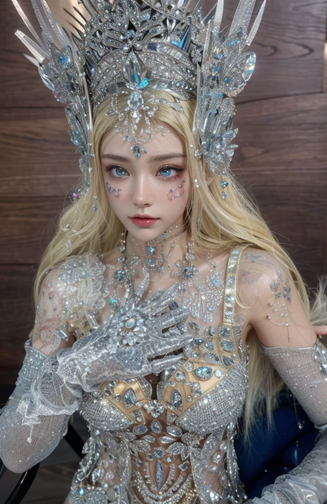 Game Art，Best image quality，Maximum resolution，8K，(A bust photo)，(portrait)，(Head close-up)，(Rule of Thirds)，Unreal Engine 5 rendering works，20 year old girl，((Queen))，The eyes are very detailed，(Large Breasts)，Elegance and nobility，Light，Light线追踪，Game CG，((3D Unreal Engine))，OC rendering reflection mode，4K，Ultra-clear，Sensual，Translucent lace，Fair and plump figure，Pretty Face，Light泽凝胶涂层，身着华贵礼服的Queen，Crystal Gem Crown，Necklace jewelry，blue eyes，The tattoo is very three-dimensional，Gorgeous and intricate tattoo designs，Ultra-clear portrait，Sexy body，Temple Princess，Sapphire eyes，Fine gold and diamond jewellery，Luxurious jewelry，Wearing diamond gloves，Five fingers stretched out