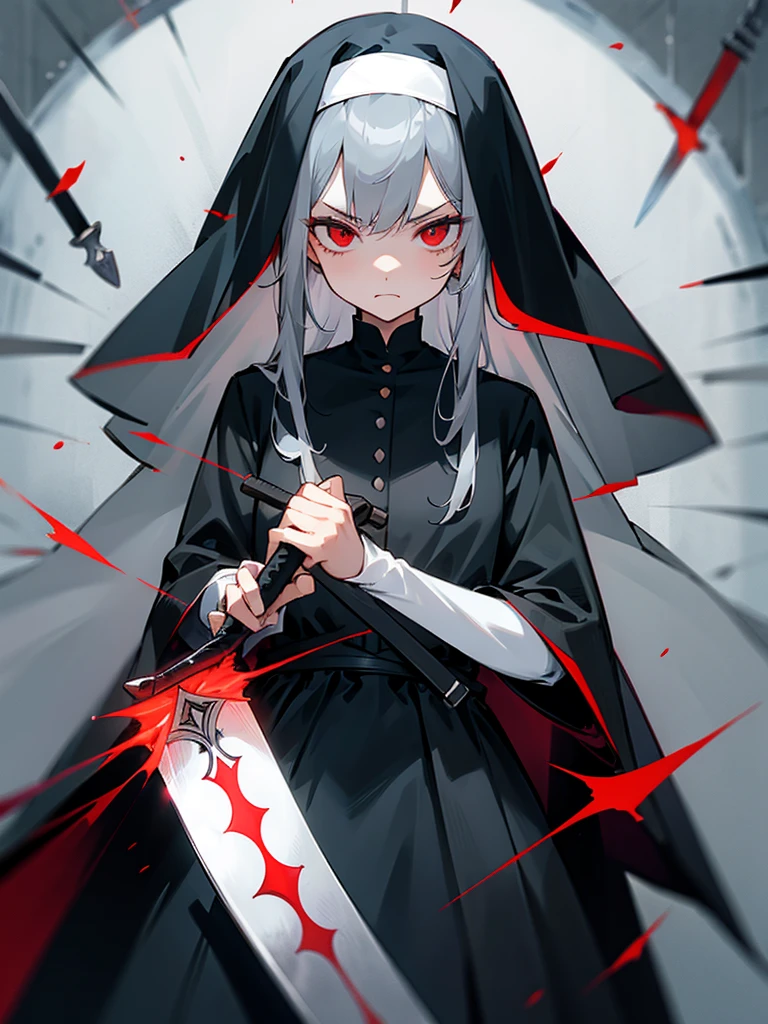 Girl, Nun's veil, Nun's clothes, Gray Hair, Red Eyes, Serious Face, Holding knife, Black clothes.